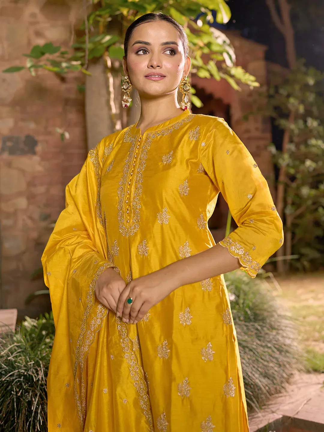 Jashvi Art Mustard Embroidered Chanderi Silk Straight Suit With Dupatta