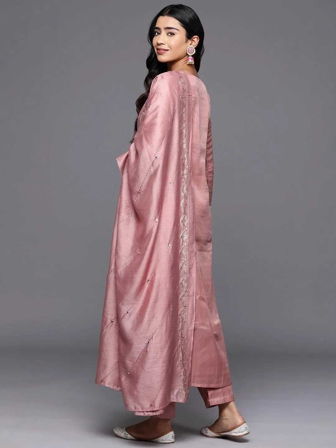 Jashvi Art Rusty Pink Embroidered Silk Blend A-Line Kurta With Trousers & Dupatta