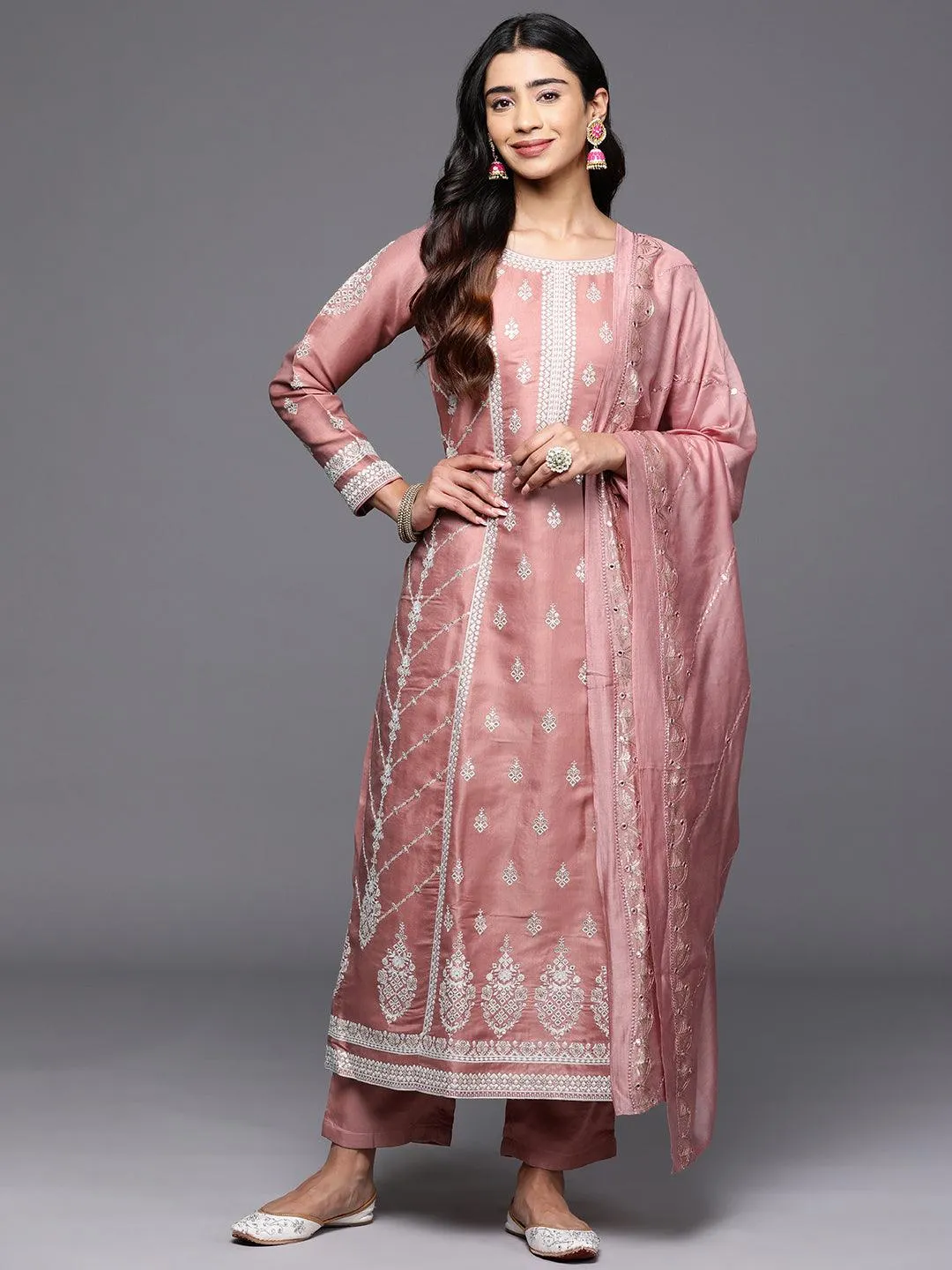 Jashvi Art Rusty Pink Embroidered Silk Blend A-Line Kurta With Trousers & Dupatta