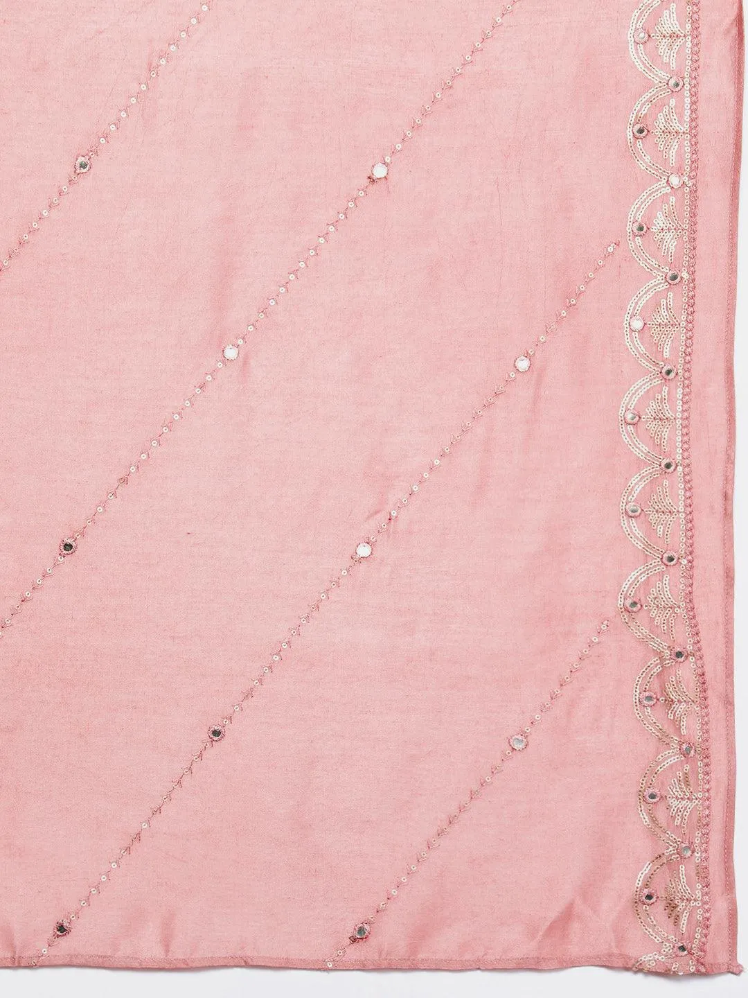 Jashvi Art Rusty Pink Embroidered Silk Blend A-Line Kurta With Trousers & Dupatta