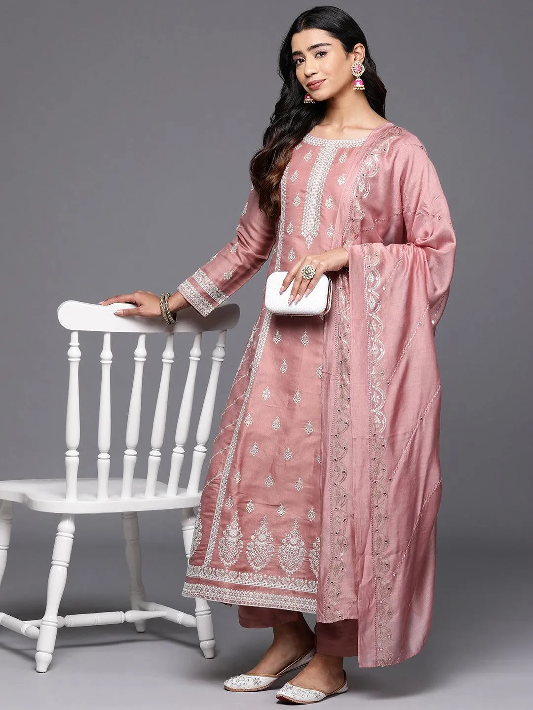 Jashvi Art Rusty Pink Embroidered Silk Blend A-Line Kurta With Trousers & Dupatta