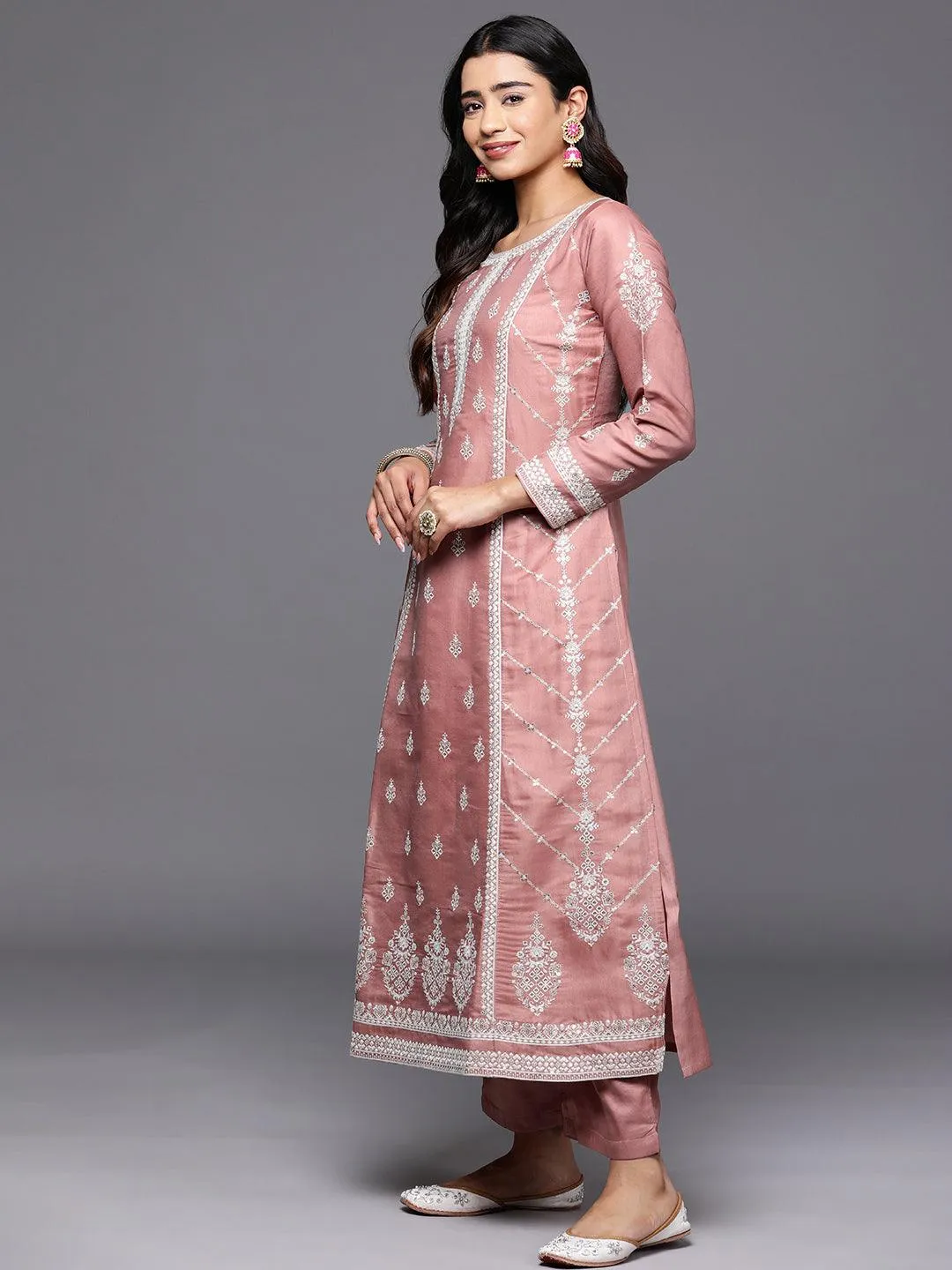 Jashvi Art Rusty Pink Embroidered Silk Blend A-Line Kurta With Trousers & Dupatta