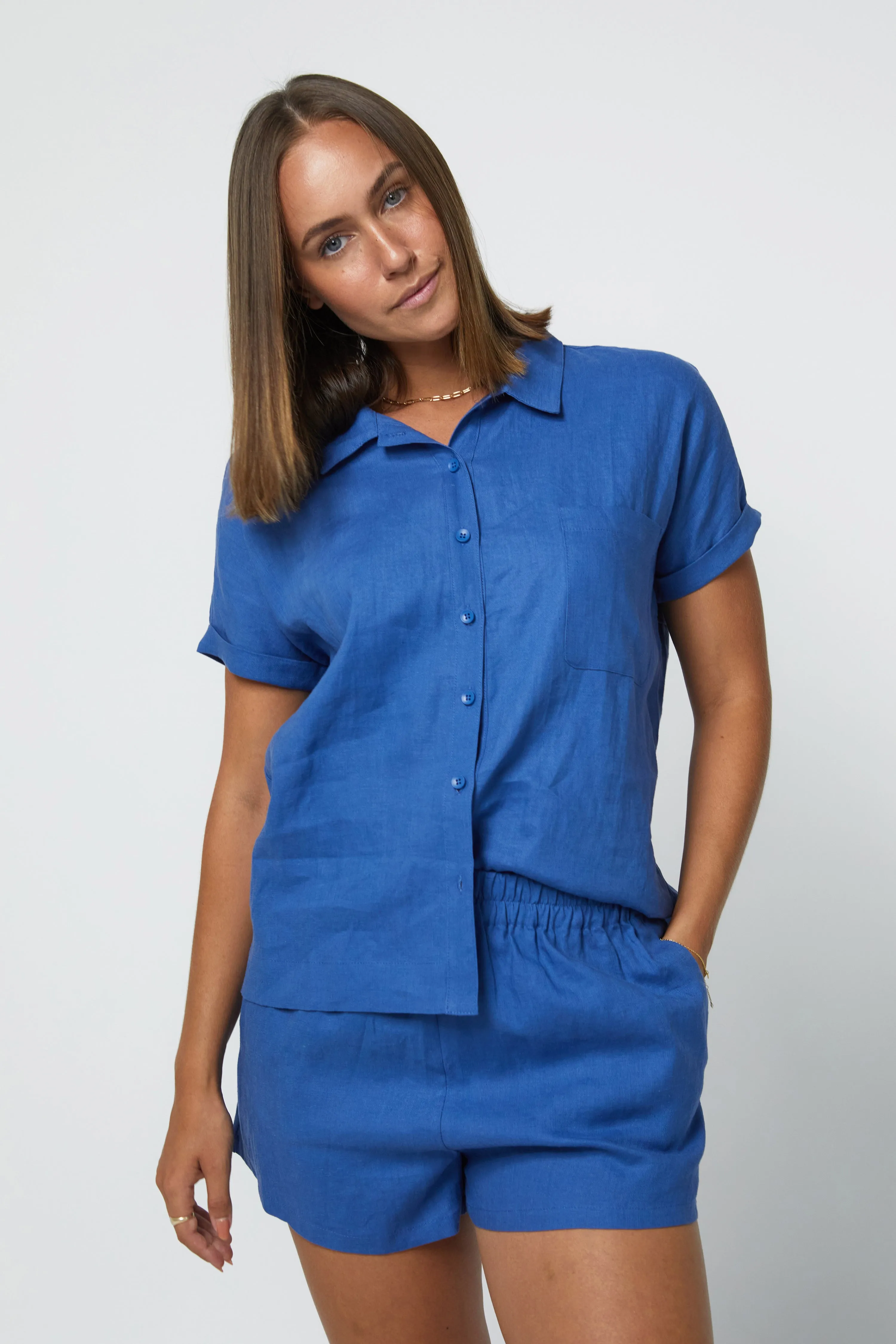 JUDE S/S LINEN SHIRT - COBALT