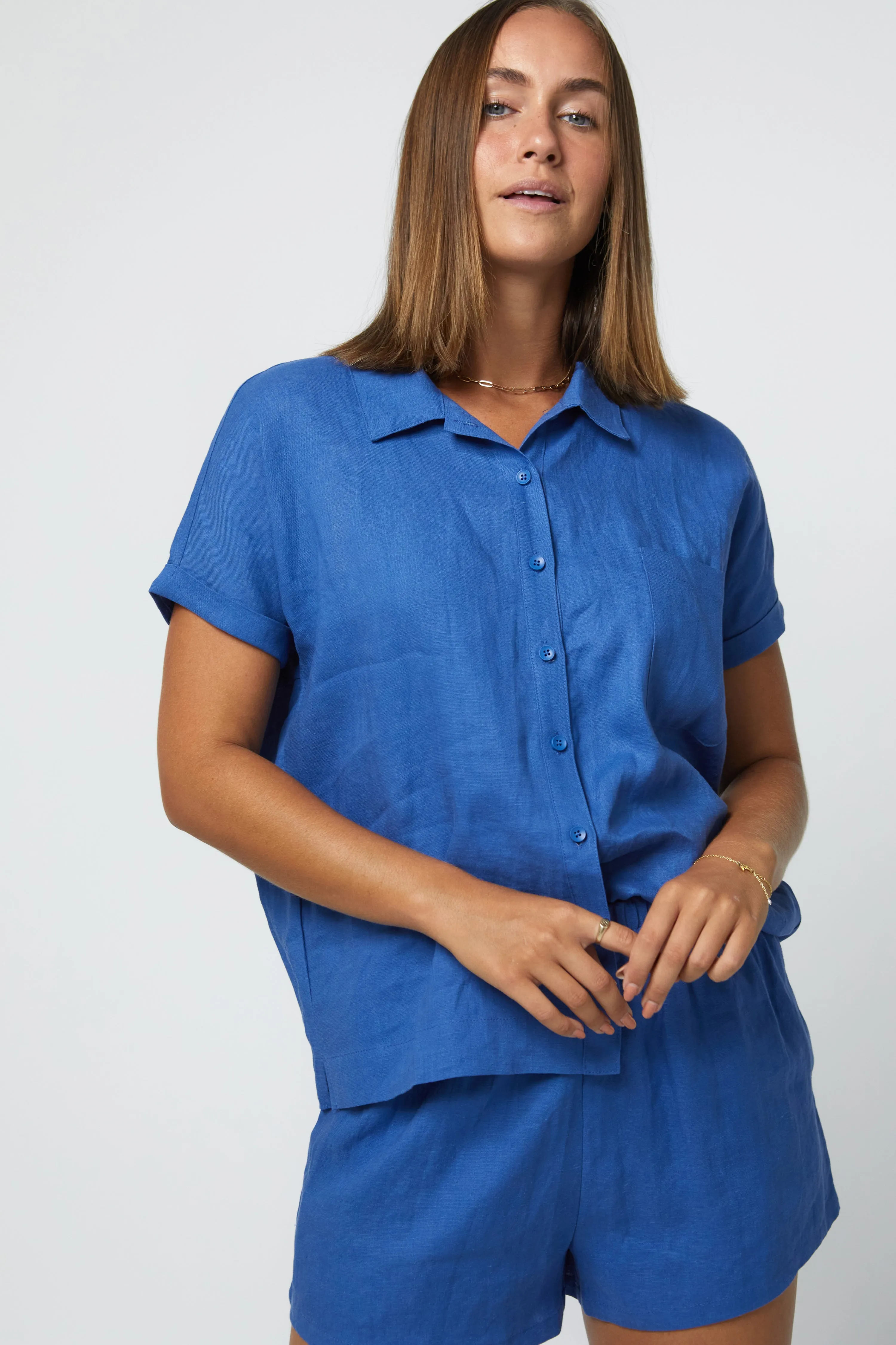 JUDE S/S LINEN SHIRT - COBALT