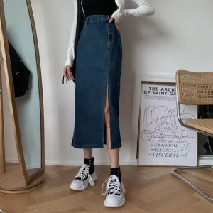 KittenAlarm - High Waist Side Slit Mid Length Denim Skirt