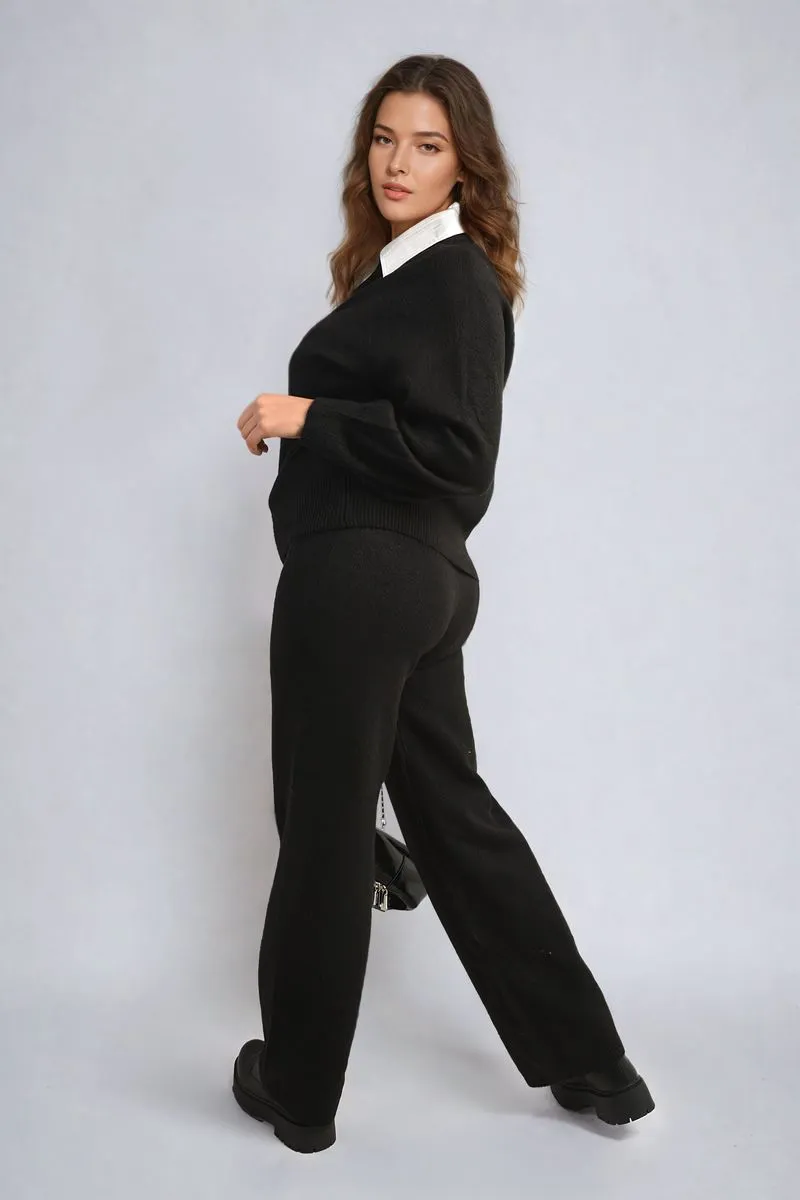 Long Sleeve Knitted Collar Top and Wide Leg Pants Co-ord Set