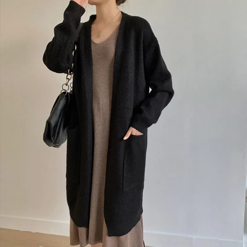 Loose Women Long Cardigans Fall Casual Pocket Knitted Sweater Winter Oversize Korean Fashion Solid Female Coats