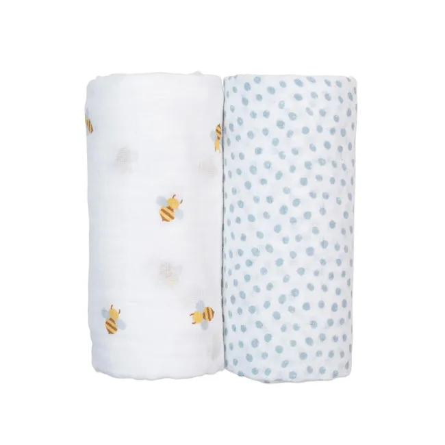 Lulujo 2pk Cotton Muslin Swaddles - Bees   Blue Dots