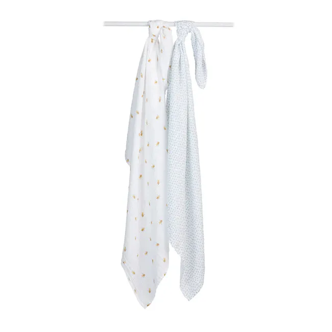 Lulujo 2pk Cotton Muslin Swaddles - Bees   Blue Dots