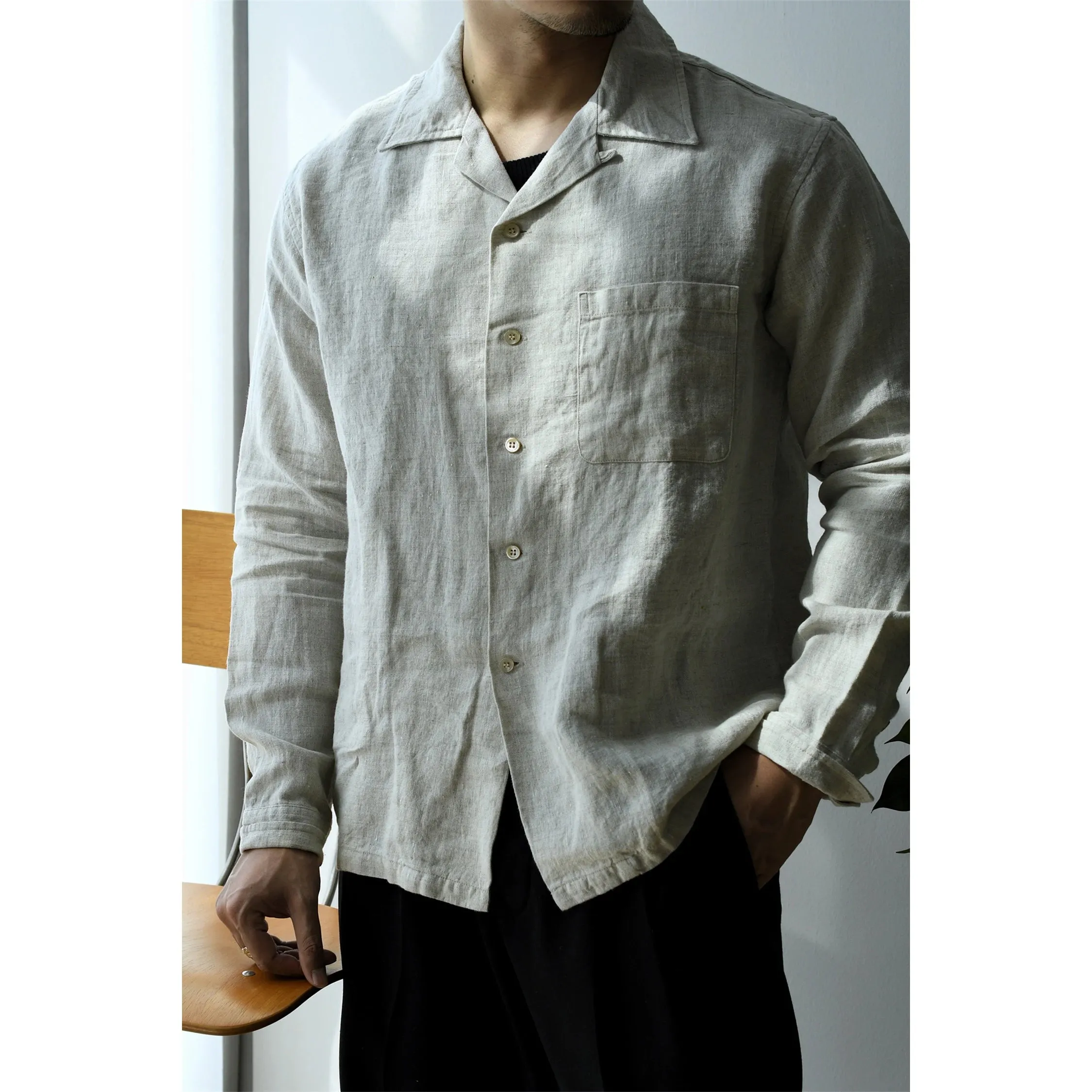 Men's Linen Shirt Camp Collar Long Sleeves Regular Fit Casual Vintage