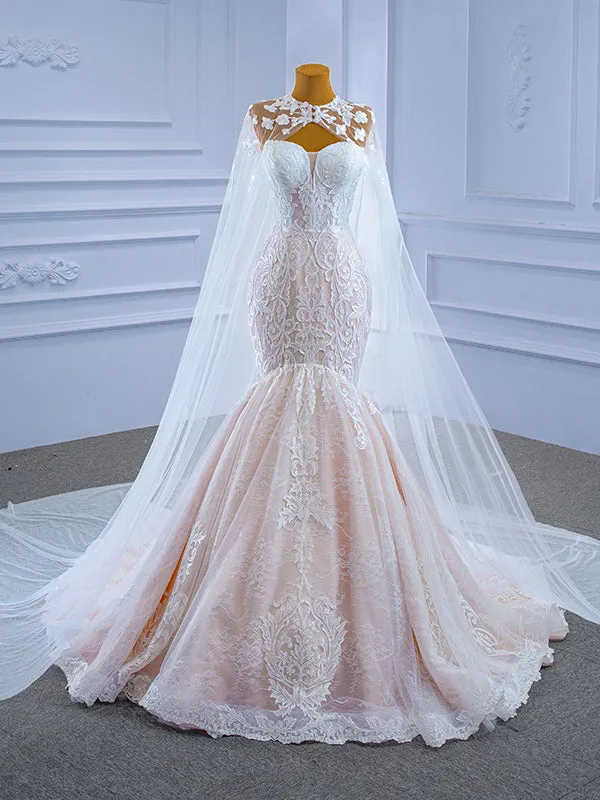 Mermaid Tulle Lace Appliques Sweetheart Wedding Dress With Shawl