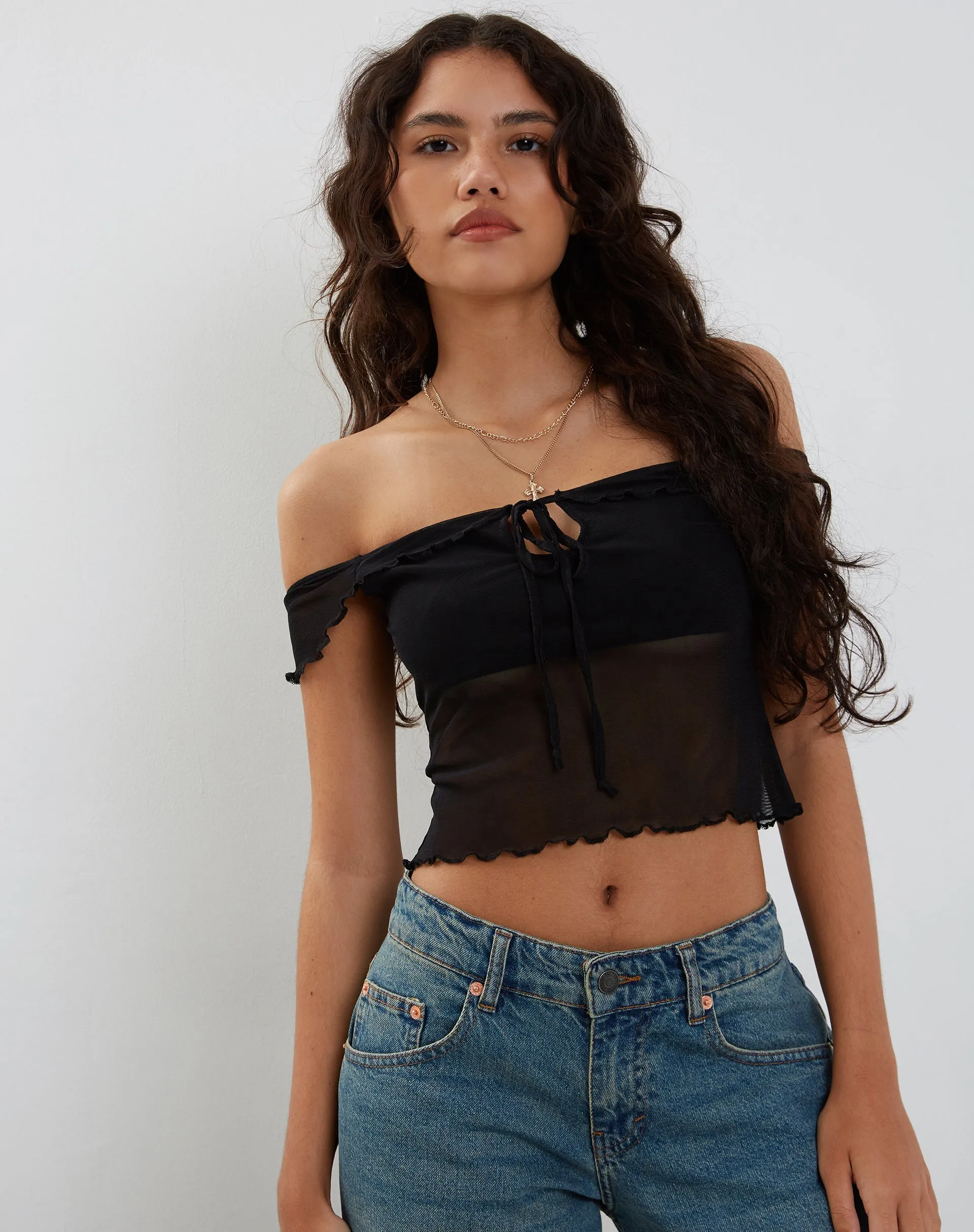 Nabil Bardot Top in Mesh Black