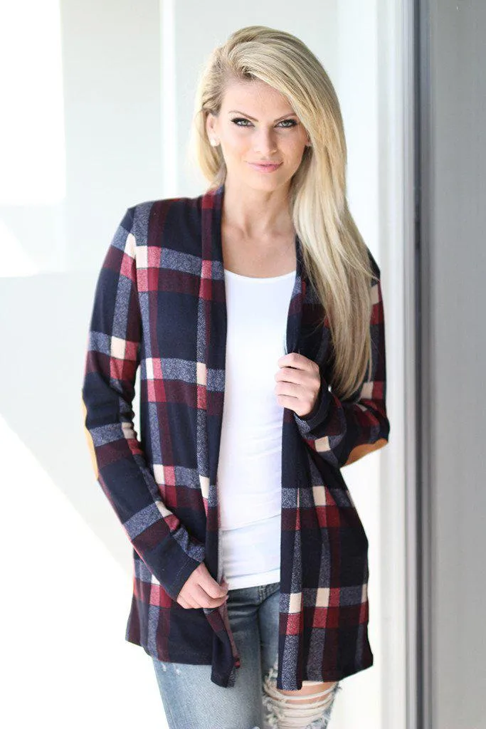 Navy and Burgundy Plaid Cardigan with Elbow Patches