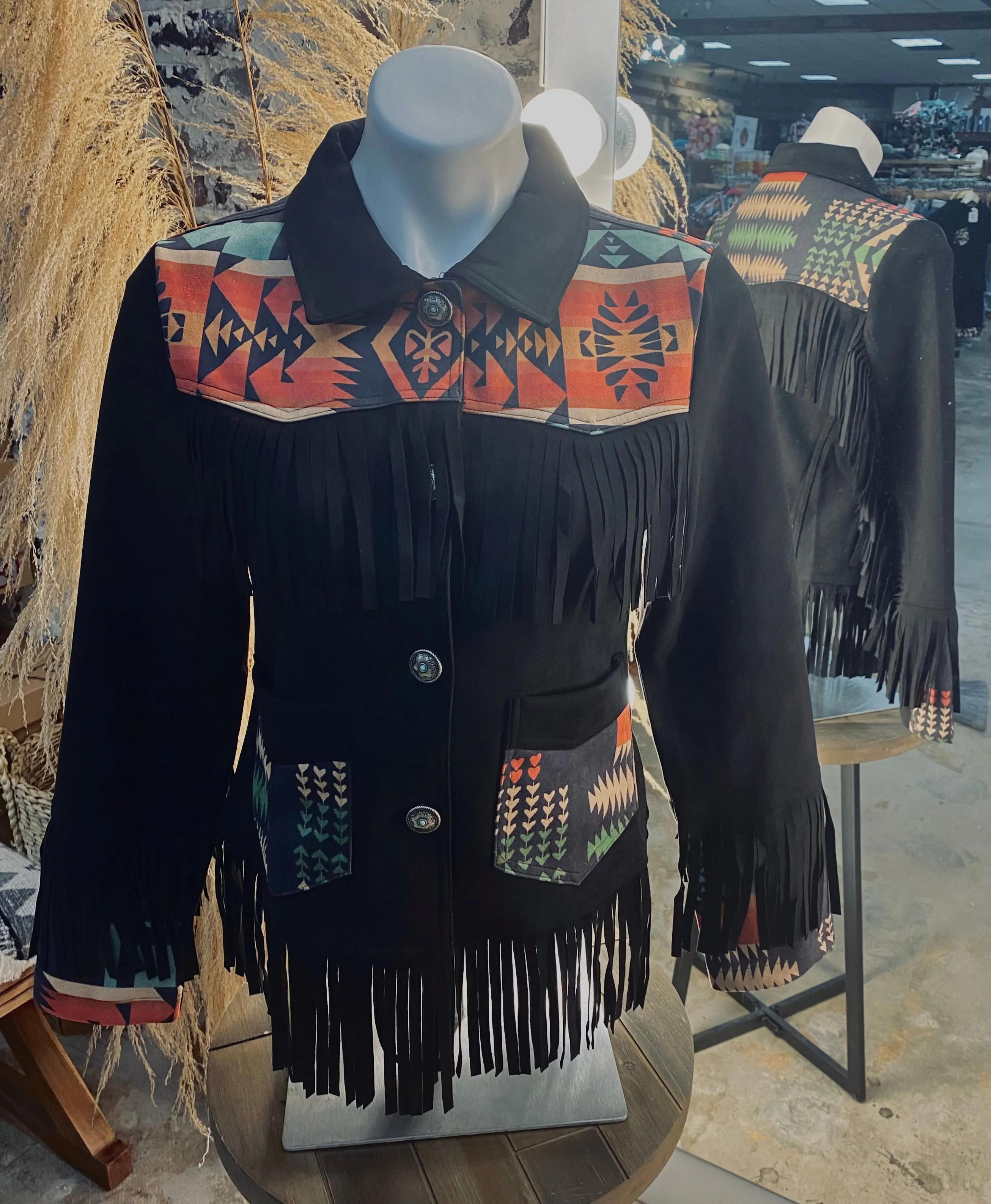 NEW! Cynthia's Black Fringe Aztec Jacket