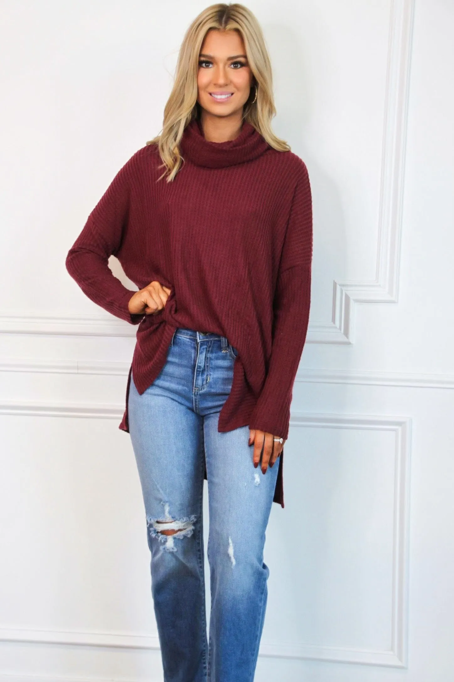 Plain and Simple Oversized Thermal Top: Dark Burgundy