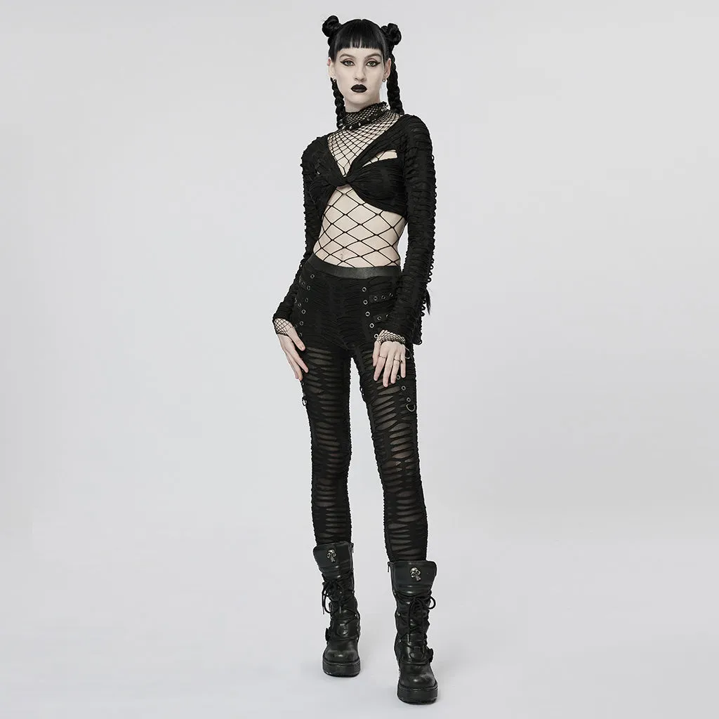 Punk One-Piece Mesh T-shirt Sexy Gauze Hollow-out Knitted Top