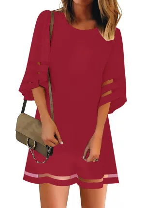 Savvy Red Women Casual Crewneck Mesh Panel 3/4 Bell Sleeve Loose Tunic Dress