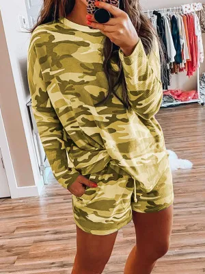 Simple Loose Casual Lounge Top Shorts Camouflage Set