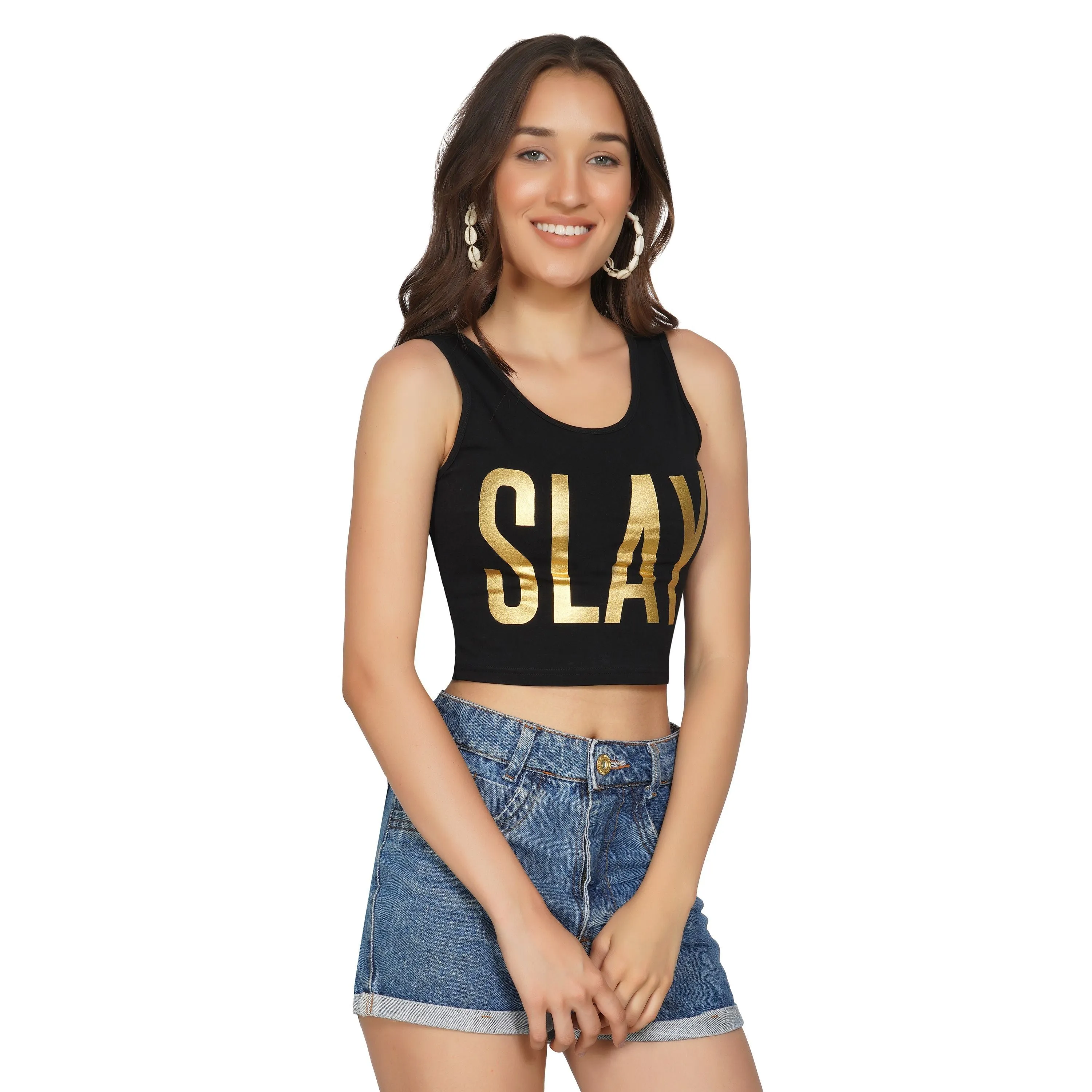 SLAY. Women's Straight Leg Shorts Denim Folded Bottom