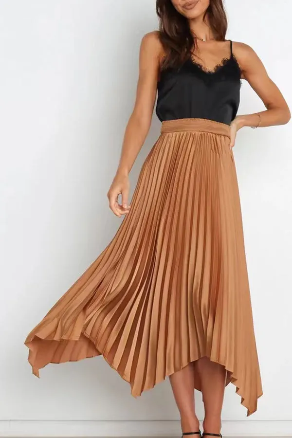 Solid color sun pleated elastic high waist casual all-match fashion dress