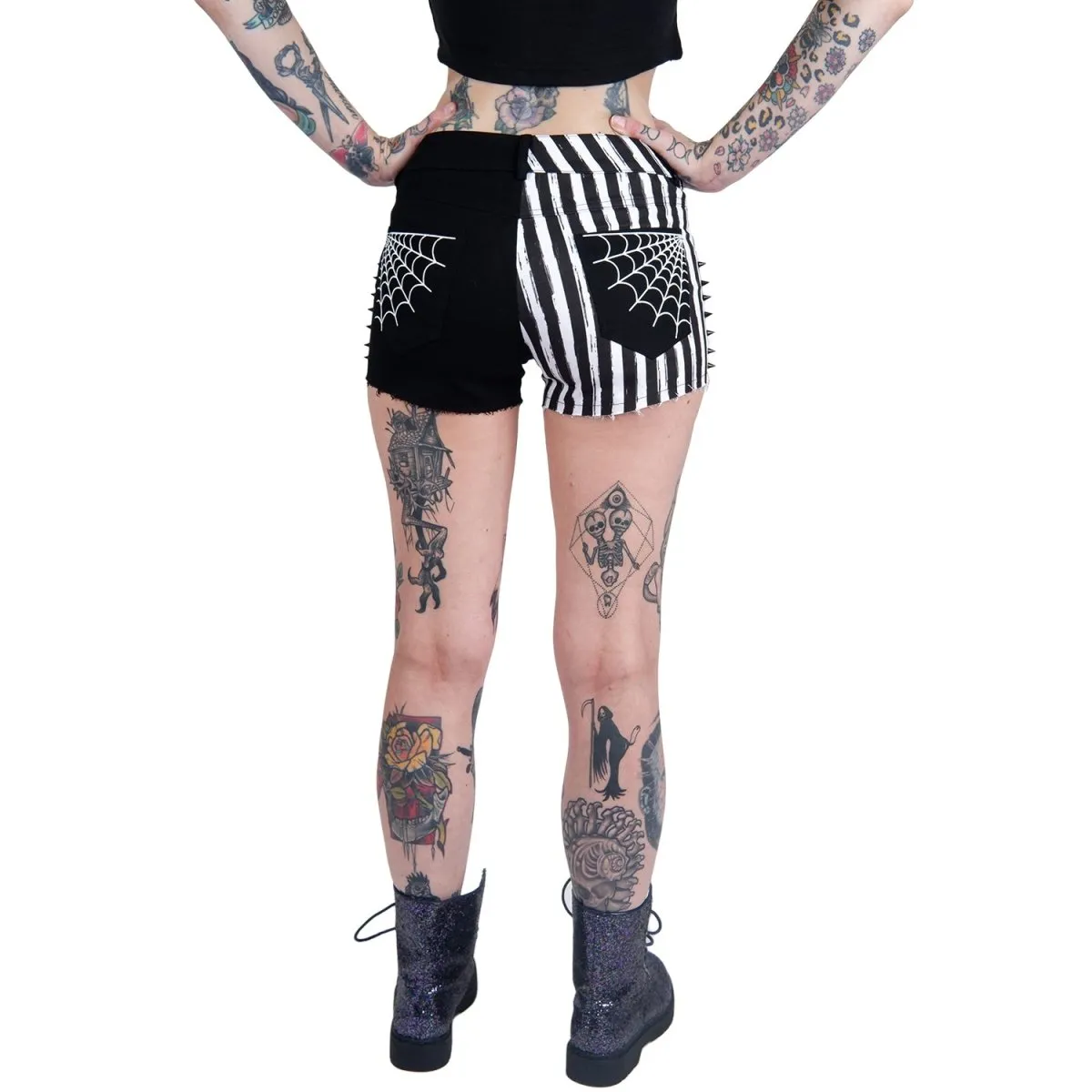 Spiderweb Striped Studded Denim Shorts