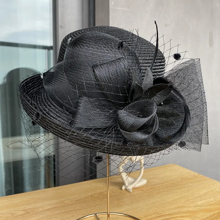 Spring and summer mesh flower fashion hat ladies British retro roll top hat outdoor all-match sunscreen hat