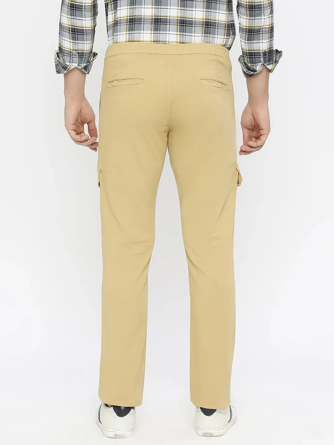 Spykar Men Light Khaki Cotton Slim Fit Ankle Length Plain Trousers