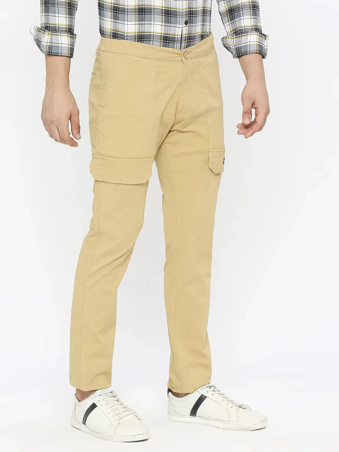 Spykar Men Light Khaki Cotton Slim Fit Ankle Length Plain Trousers