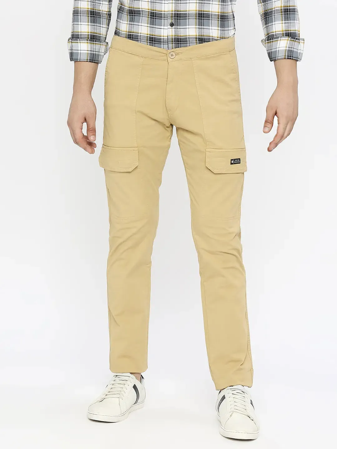 Spykar Men Light Khaki Cotton Slim Fit Ankle Length Plain Trousers