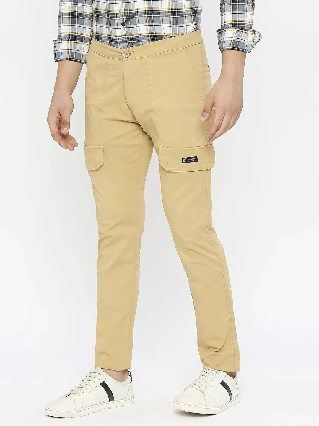 Spykar Men Light Khaki Cotton Slim Fit Ankle Length Plain Trousers