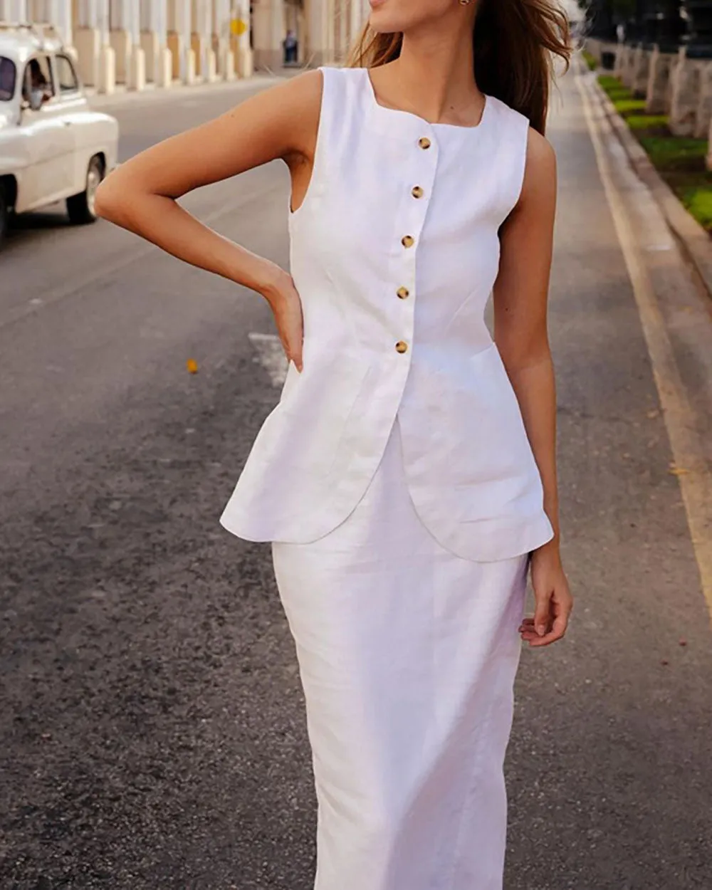 Square neck sleeveless vest high waist skirt suit