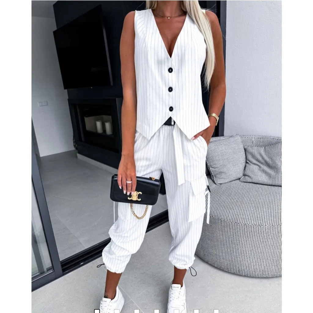 Striped Pattern Cropped Flap Pocket Pants & Sleeveless Vest Suit Set