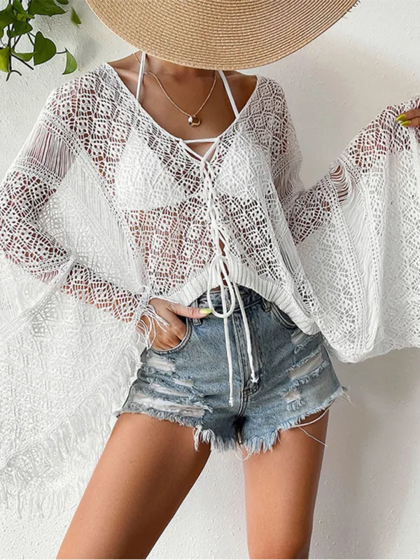 TEEK - Flared Sleeve Tassel Knitted Cover Up