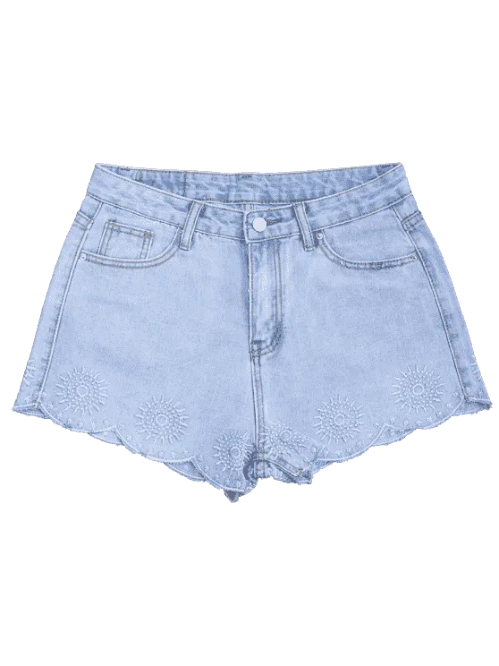 Trendy Embroidered Scalloped Denim Shorts