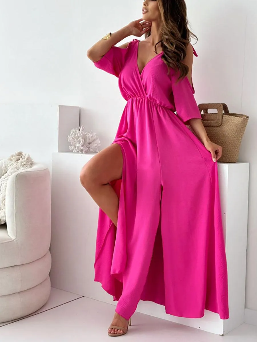 V-neck Slit Hemline Dress Off-the-shoulder Sleeves Sexy Sling Dress