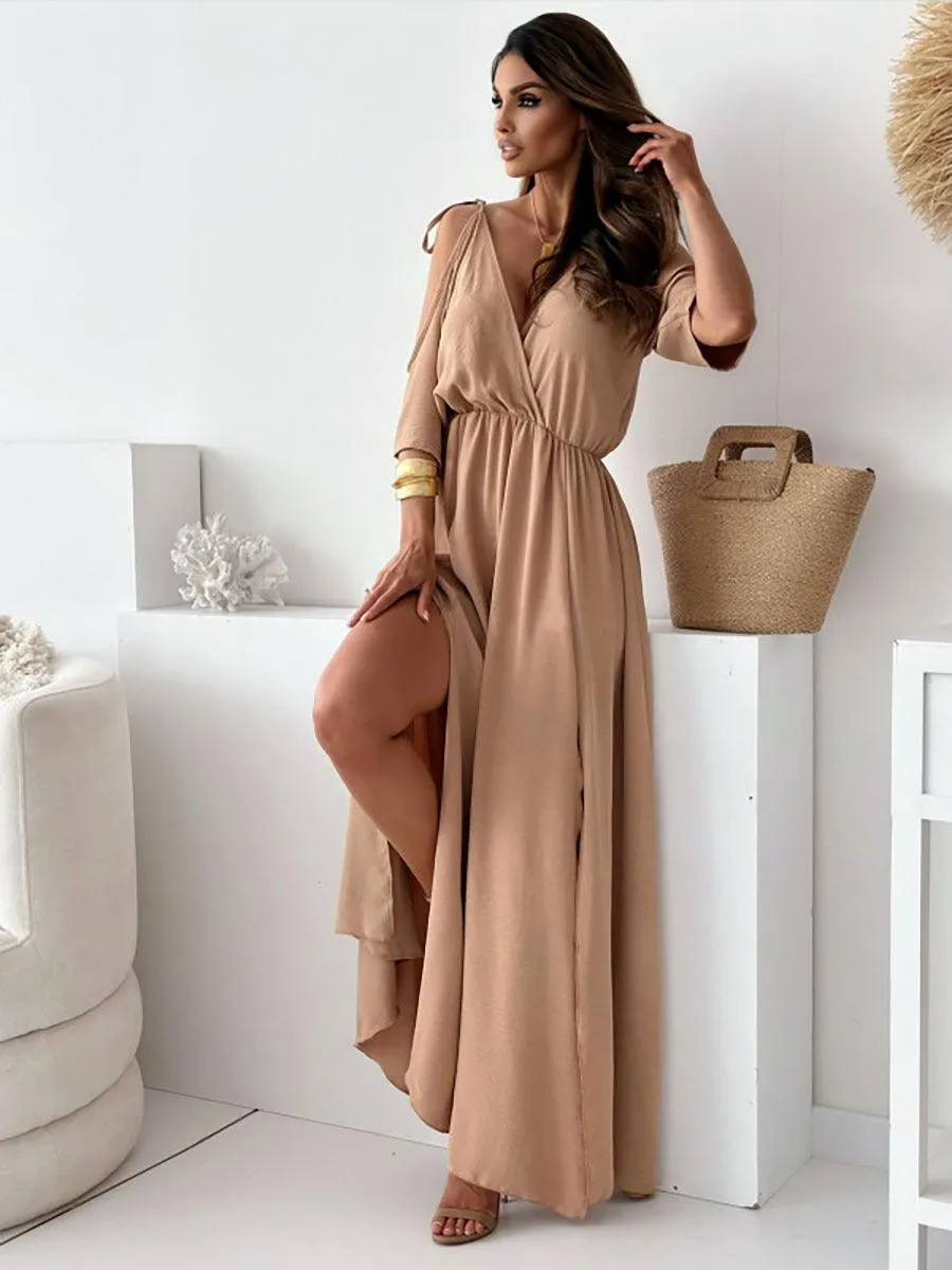 V-neck Slit Hemline Dress Off-the-shoulder Sleeves Sexy Sling Dress