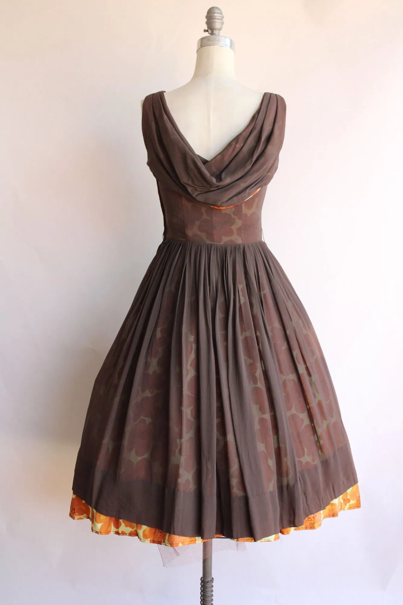 Vintage 1950s Yellow and Brown Floral Fit And Flare Dress