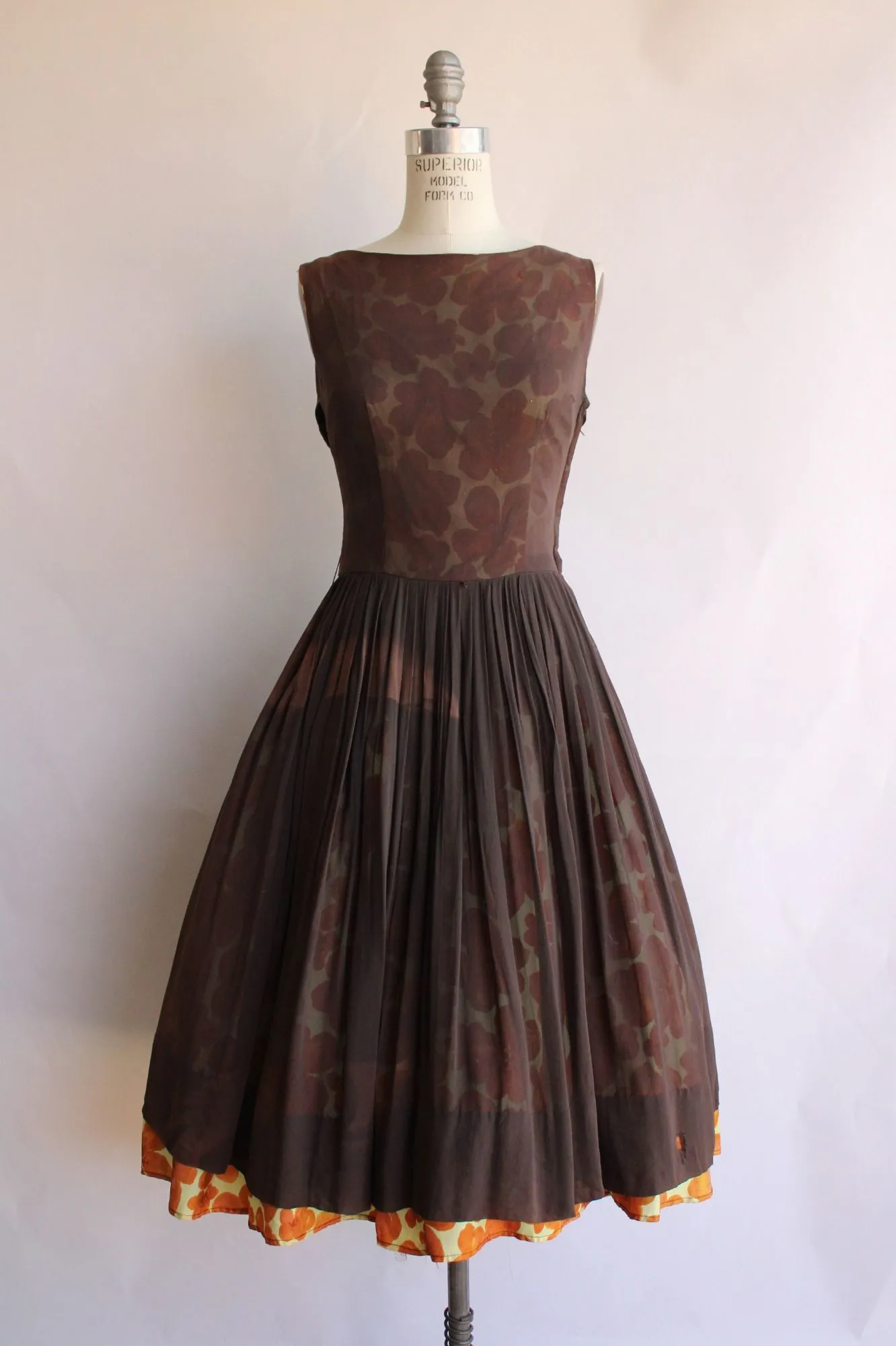 Vintage 1950s Yellow and Brown Floral Fit And Flare Dress