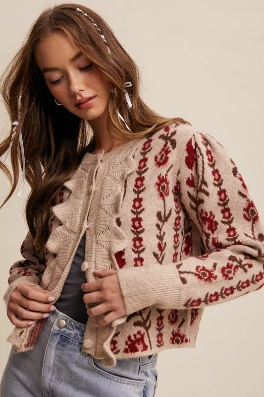 Waitlist 2/18 ♥ Gabby Long Sleeve Button Down Floral Print Knit Cardigan Taupe