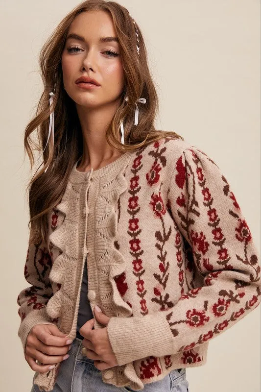 Waitlist 2/18 ♥ Gabby Long Sleeve Button Down Floral Print Knit Cardigan Taupe