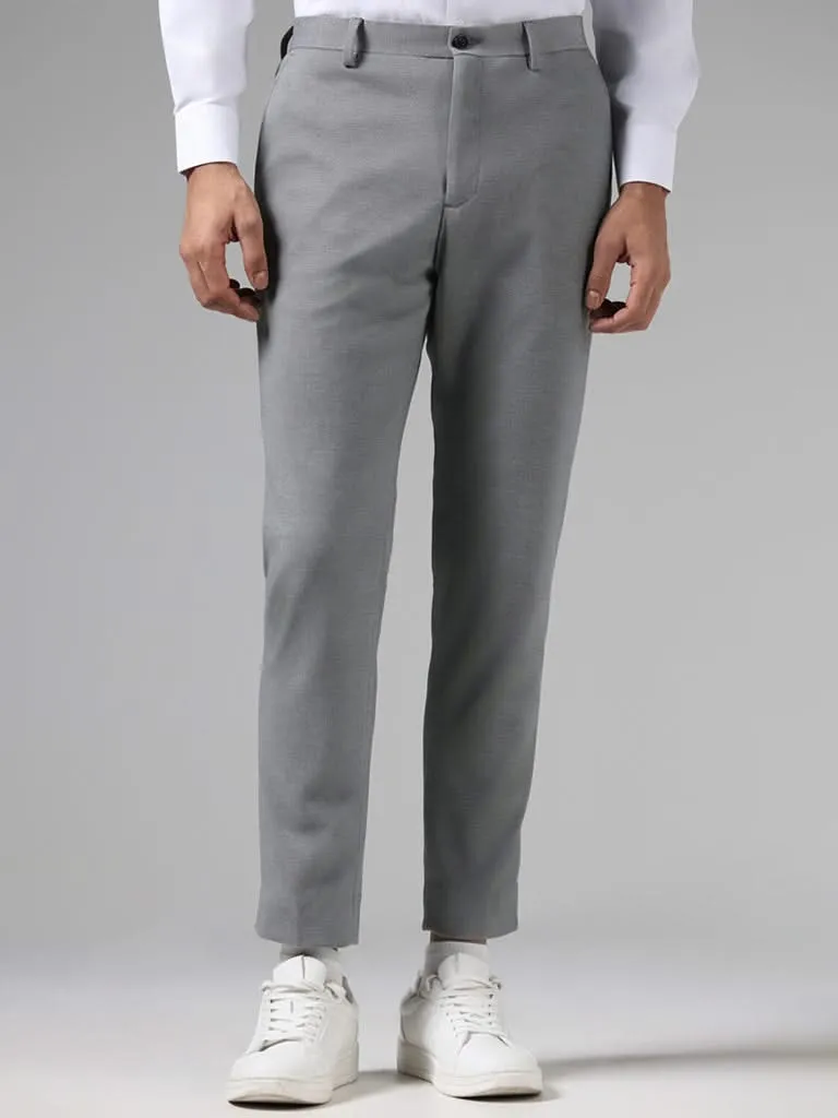 WES Formals Solid Grey Slim-Fit Mid-Rise Trousers