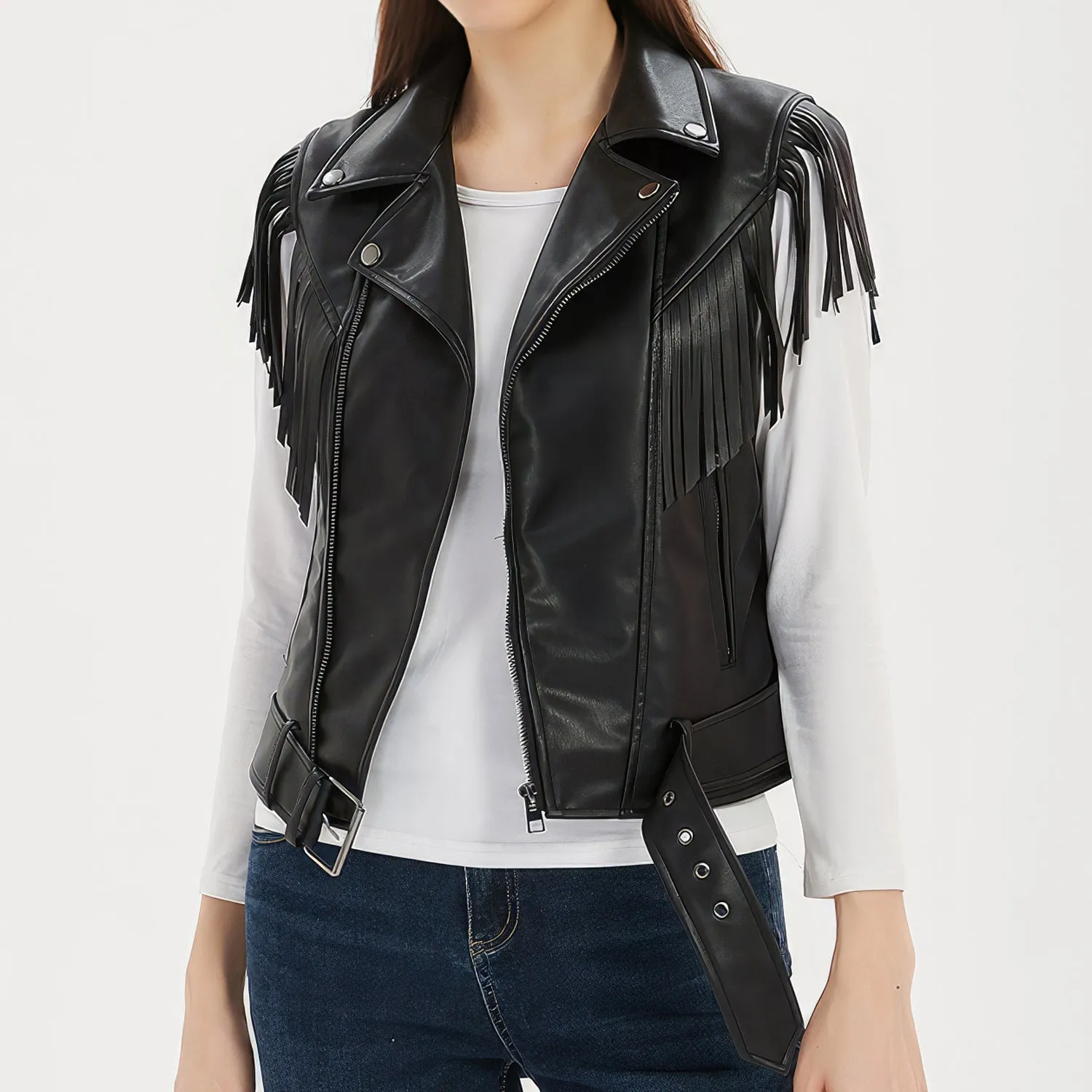 Women’s Black Genuine Sheepskin Vest Tassels Sleeveless Sporty Moto Rider Mid-Western Slim Fit Fringe Leather Waistcoat