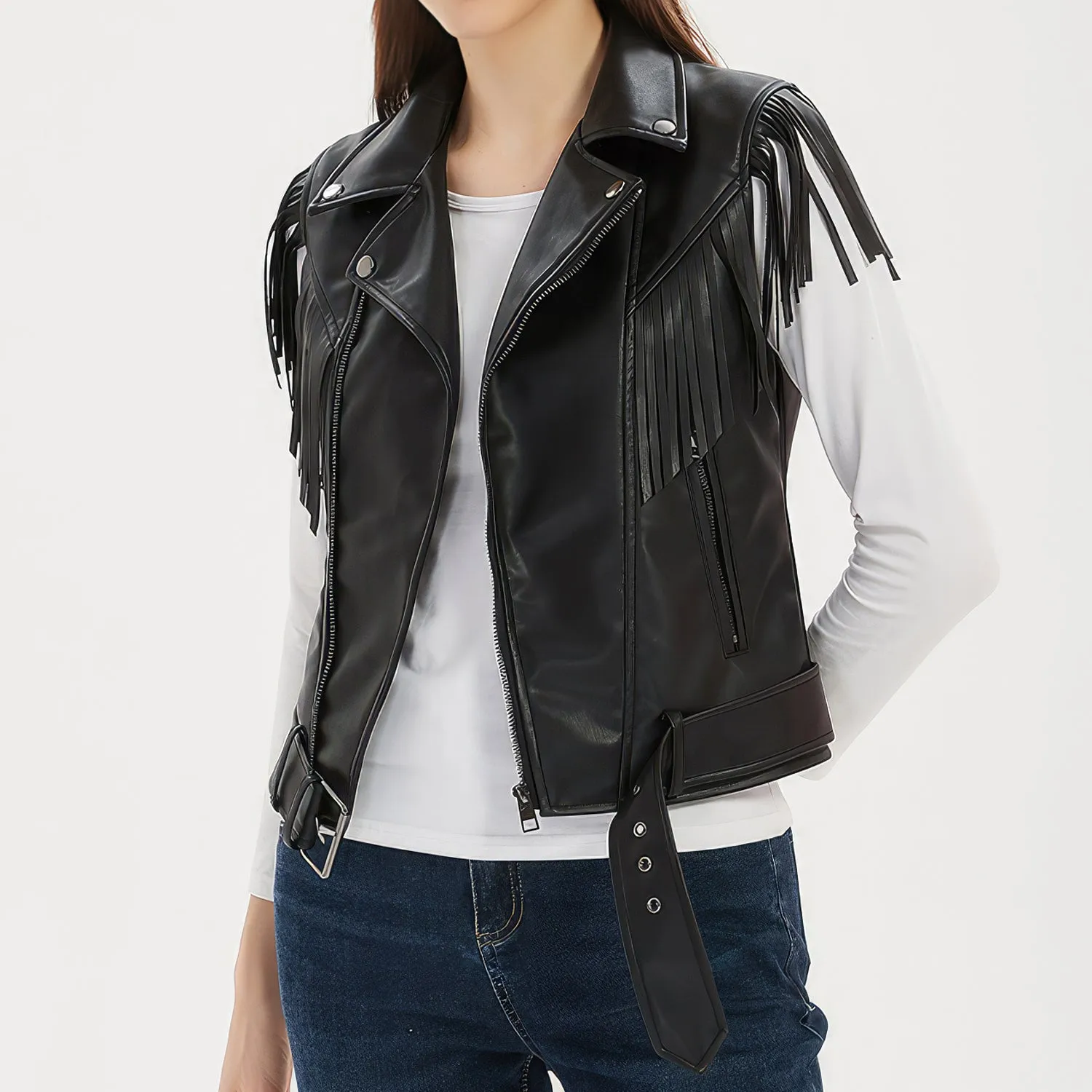 Women’s Black Genuine Sheepskin Vest Tassels Sleeveless Sporty Moto Rider Mid-Western Slim Fit Fringe Leather Waistcoat