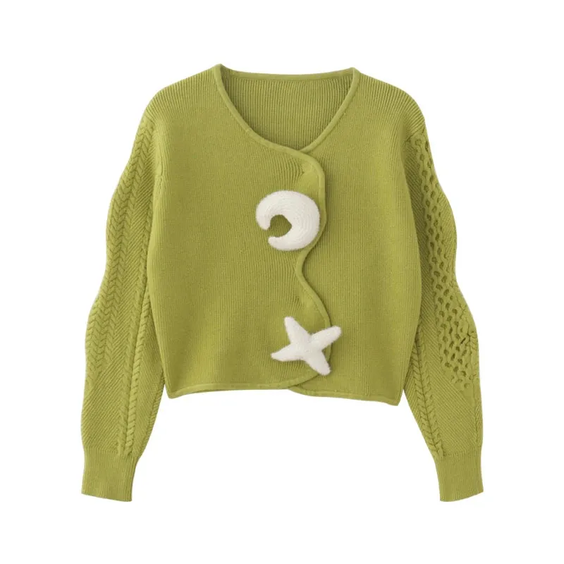 Y2K Moon Star Vintage Cardigans Fashionable Sleeve Women's Autumn Winter Sweaters Short Tops  C-125