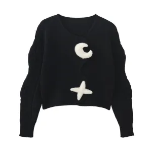 Y2K Moon Star Vintage Cardigans Fashionable Sleeve Women's Autumn Winter Sweaters Short Tops  C-125