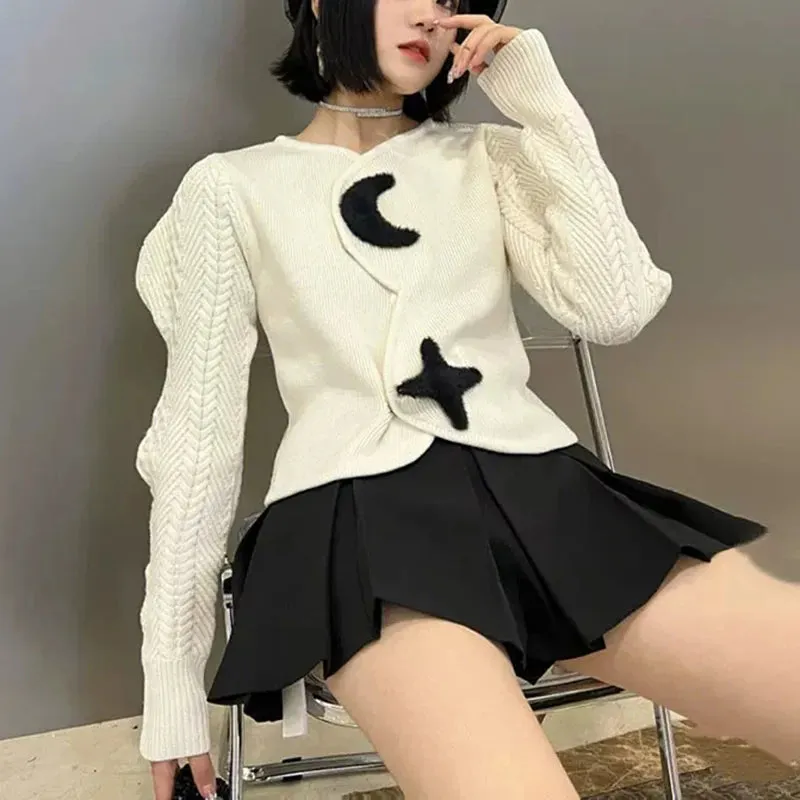 Y2K Moon Star Vintage Cardigans Fashionable Sleeve Women's Autumn Winter Sweaters Short Tops  C-125